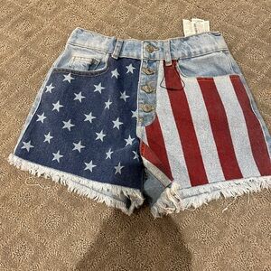 Zara Red and White Jean Shorts High-Waisted Frayed Hem